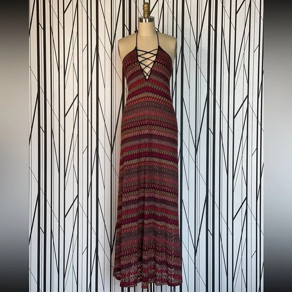 Ecote Flame Stitch Lace-Up Maxi Dress Size S EUC