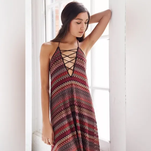 Ecote Flame Stitch Lace-Up Maxi Dress Size S EUC