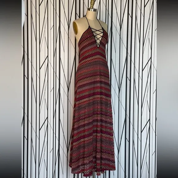 Ecote Flame Stitch Lace-Up Maxi Dress Size S EUC