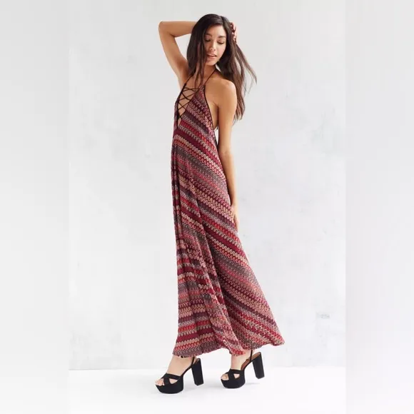 Ecote Flame Stitch Lace-Up Maxi Dress Size S EUC