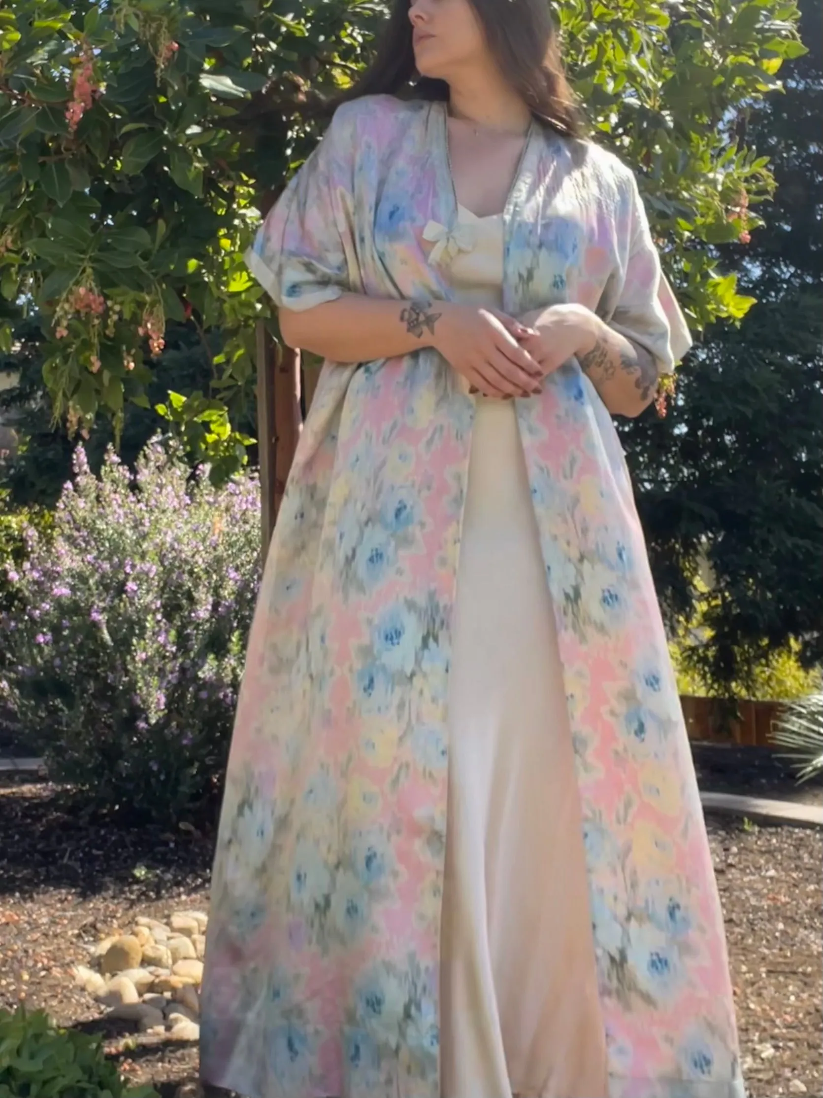 Edwardian Pastel Floral Silk Dressing Gown/ Robe