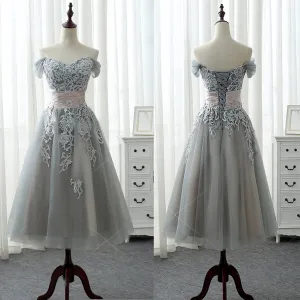 Elegant A-line Off Shoulder Lace Appliques Tea-Length Bridesmaid Dress, AB1169