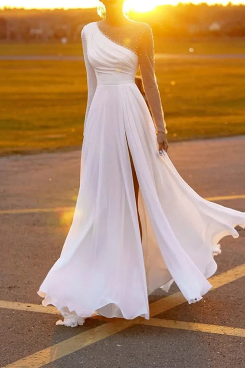 Elegant Formal Solid Slit O Neck Evening Dress Dresses