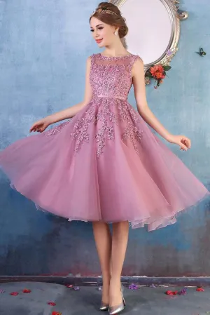 Elegant Lace Appliques Beaded A-line See Through Tea Length Homecoming Dress OKC10