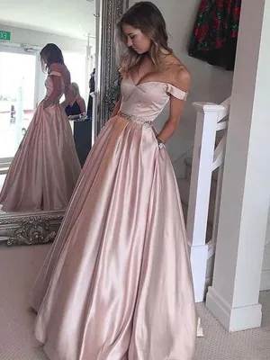 Elegant Off shoulder Floor Length Satin Prom Dress, Off Shoulder Pink Formal Dress, Graduation Dress