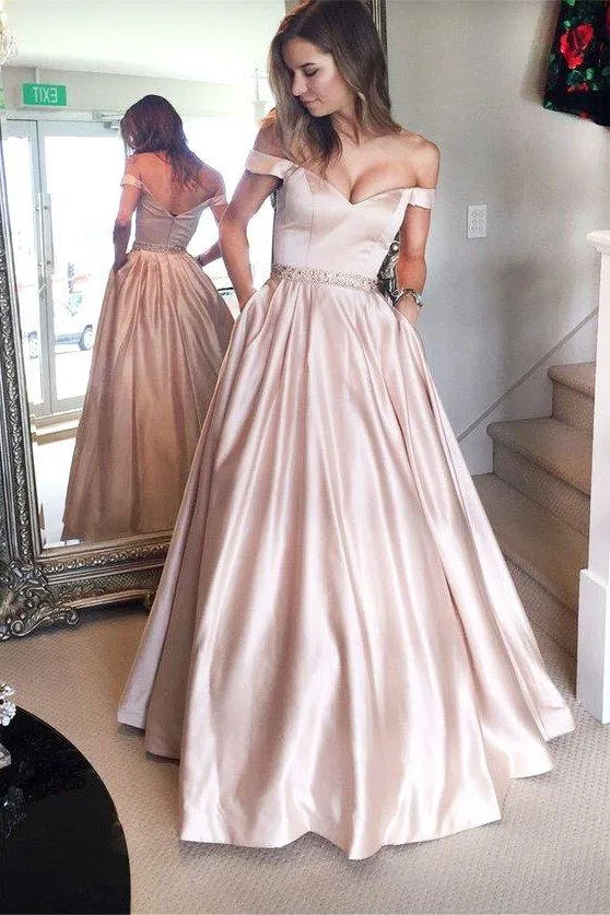 Elegant Off shoulder Floor Length Satin Prom Dress, Off Shoulder Pink Formal Dress, Graduation Dress