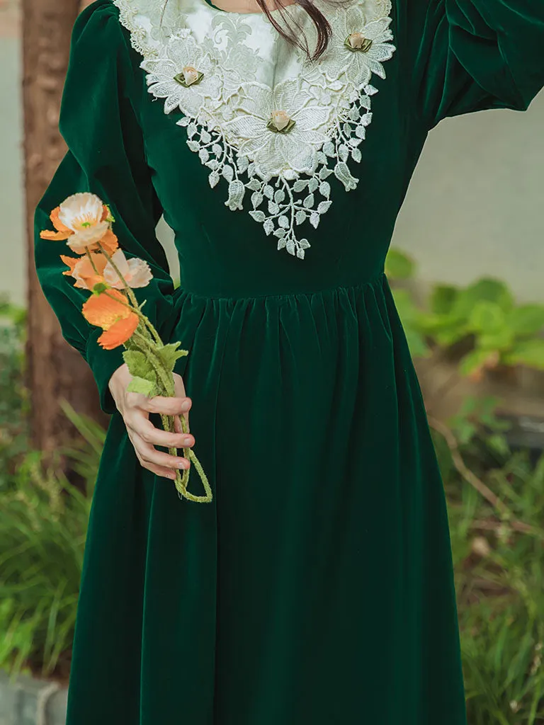 Emerald Green Flower Lace Velvet Long Sleeve Vintage Dress