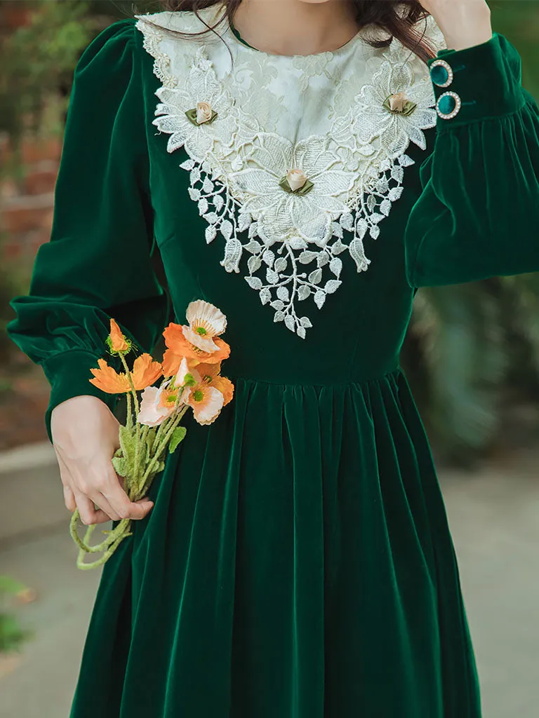 Emerald Green Flower Lace Velvet Long Sleeve Vintage Dress