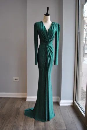 EMERALD GREEN LONG EVENING DRESS WITH CRYSTALS