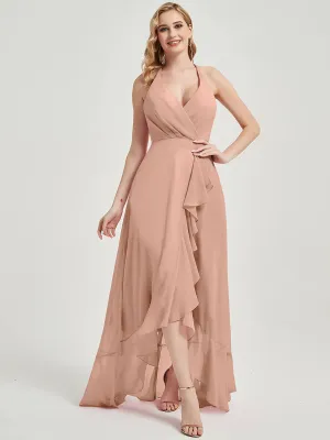 English Rose Halter V-Neck Backless High Low Chiffon Bridesmaid Dress