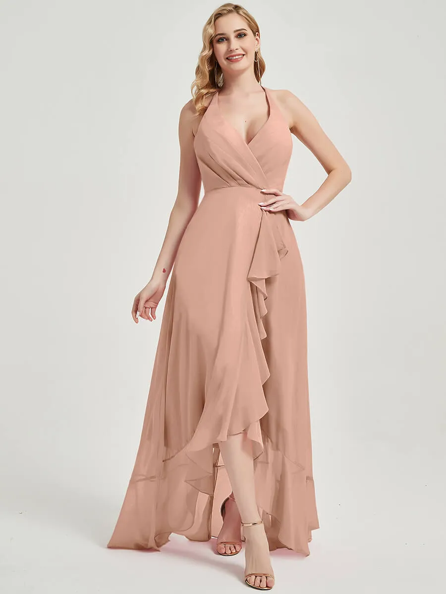 English Rose Halter V-Neck Backless High Low Chiffon Bridesmaid Dress