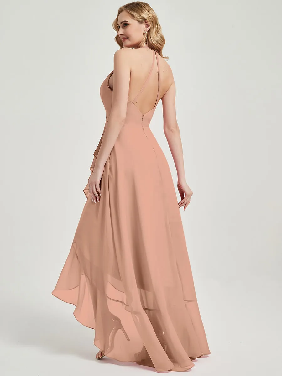 English Rose Halter V-Neck Backless High Low Chiffon Bridesmaid Dress