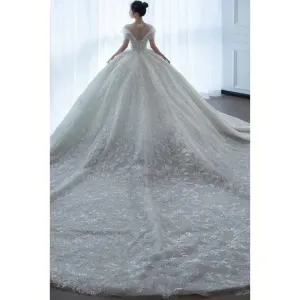 Exquisite Off Shoulder Wedding Dress Bride Small Main Yarn Super Heavy