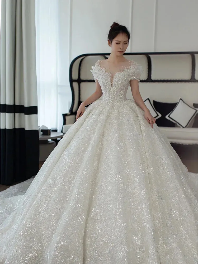 Exquisite Off Shoulder Wedding Dress Bride Small Main Yarn Super Heavy