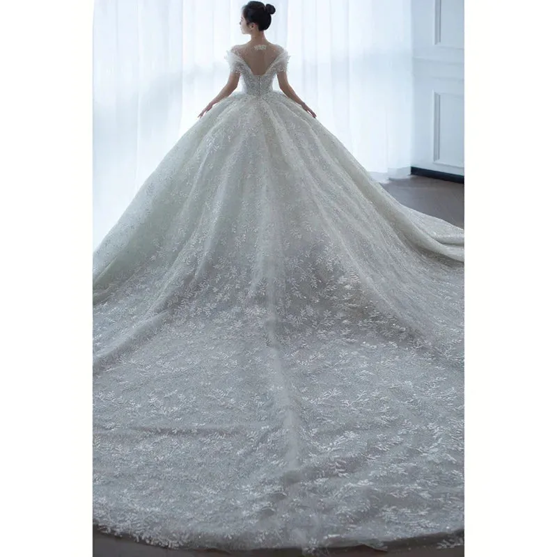 Exquisite Off Shoulder Wedding Dress Bride Small Main Yarn Super Heavy