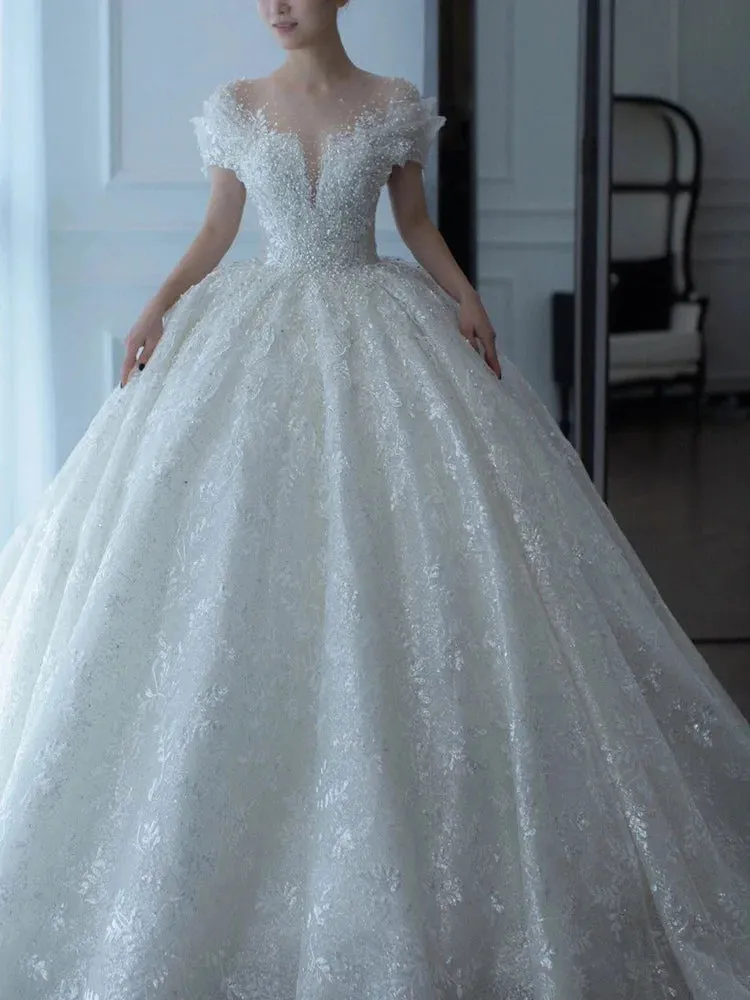 Exquisite Off Shoulder Wedding Dress Bride Small Main Yarn Super Heavy
