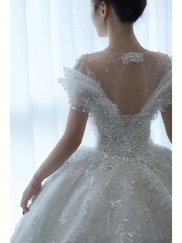 Exquisite Off Shoulder Wedding Dress Bride Small Main Yarn Super Heavy