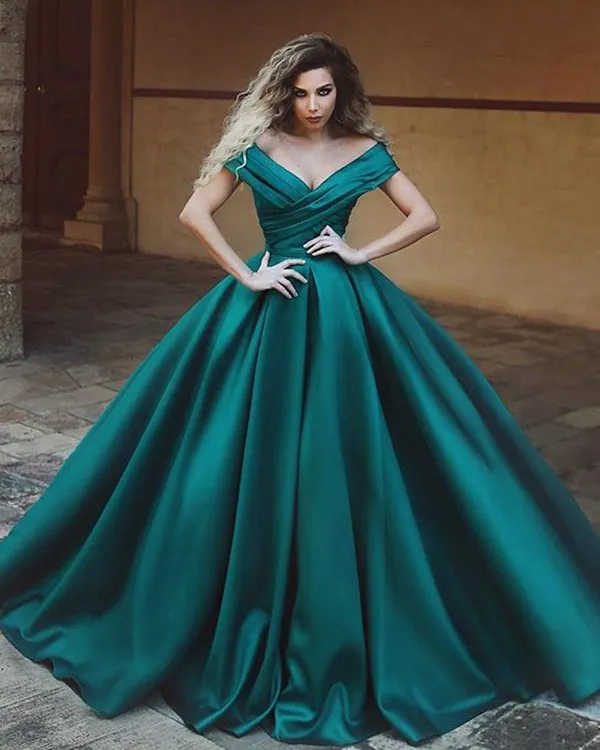 Fashion 2018 Satin Ball Gown Evening Dresses with Cap Sleeves Elegant Formal Dress Evening Gown