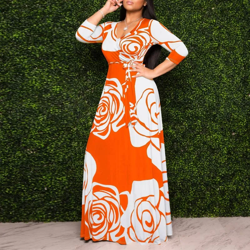 Fashion Floral Print V-Neck Long Sleeve Big Swing Maxi Dress