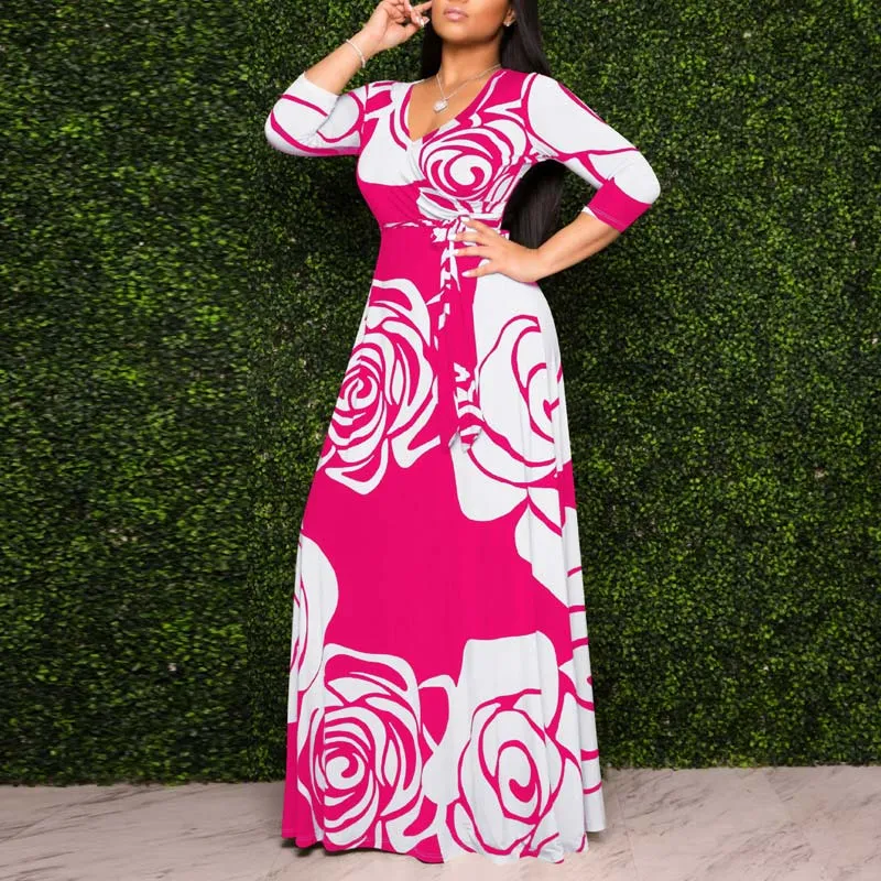 Fashion Floral Print V-Neck Long Sleeve Big Swing Maxi Dress