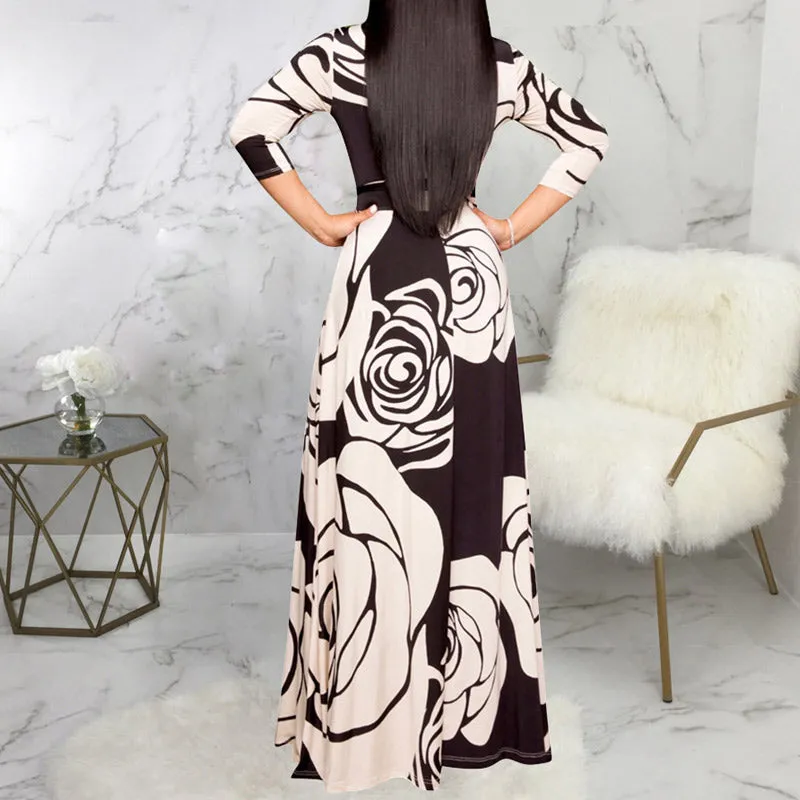Fashion Floral Print V-Neck Long Sleeve Big Swing Maxi Dress