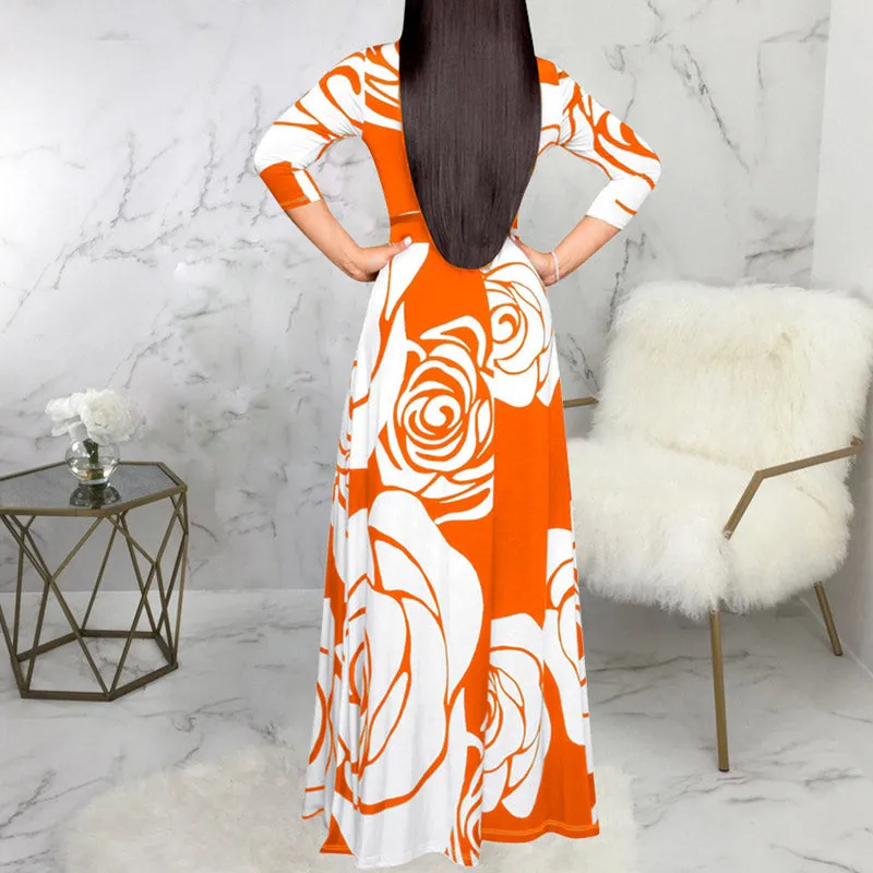 Fashion Floral Print V-Neck Long Sleeve Big Swing Maxi Dress