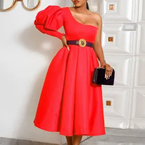 Fashion One Shoulder Long Puff Sleeve Big Swing Hem Dress