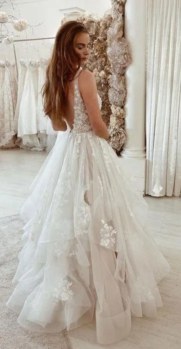 Fashion Tiered Skirt Blush Wedding Dress