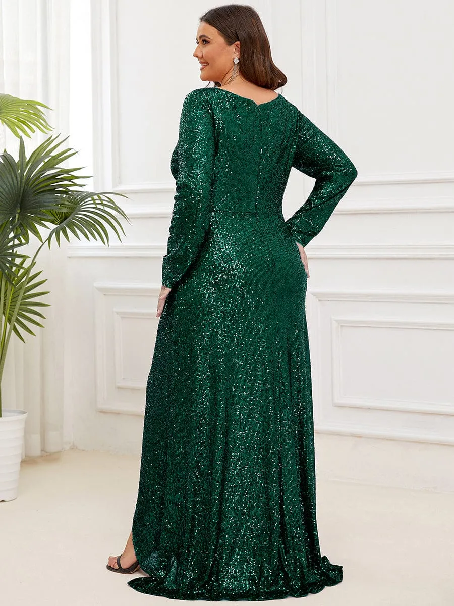 Felicity sequin full sleeve ball dress with split in Emerald Express NZ wide