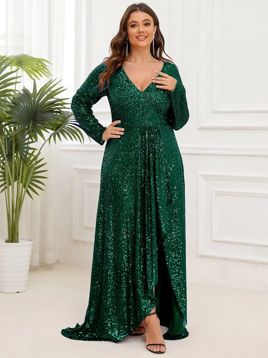 Felicity sequin full sleeve ball dress with split in Emerald Express NZ wide