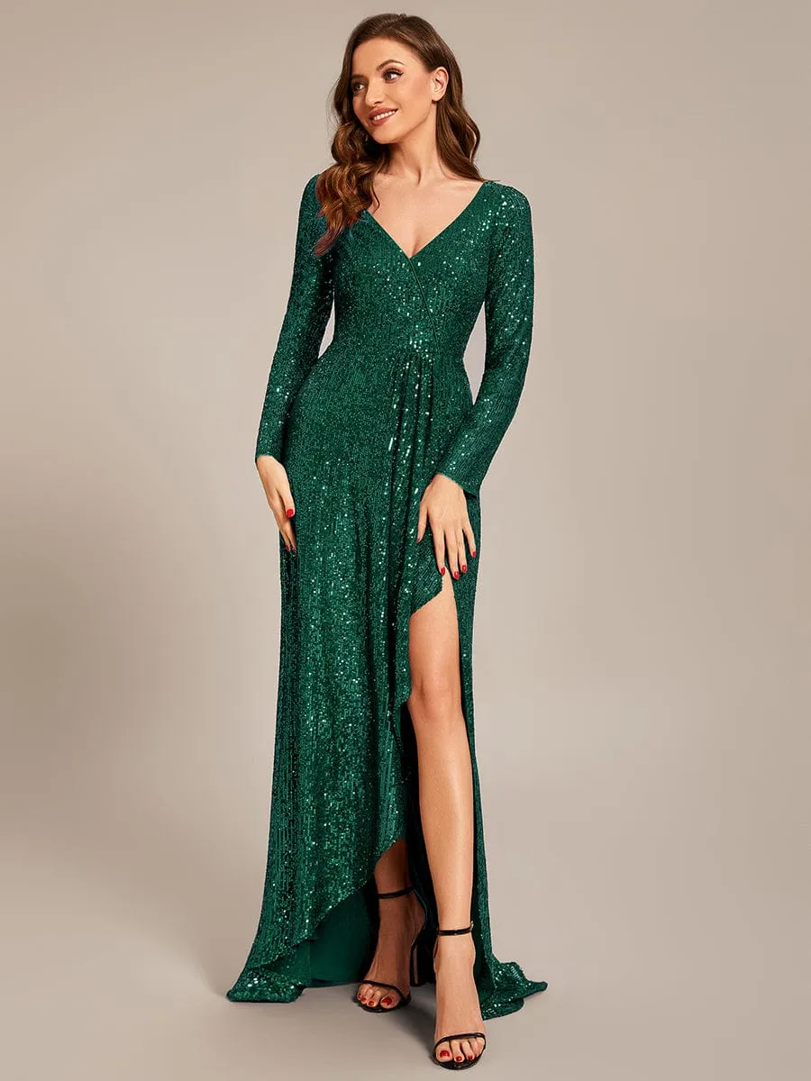 Felicity sequin full sleeve ball dress with split in Emerald Express NZ wide