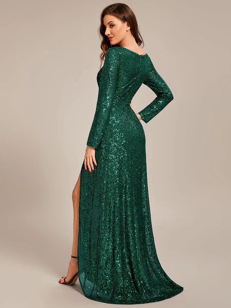 Felicity sequin full sleeve ball dress with split in Emerald Express NZ wide