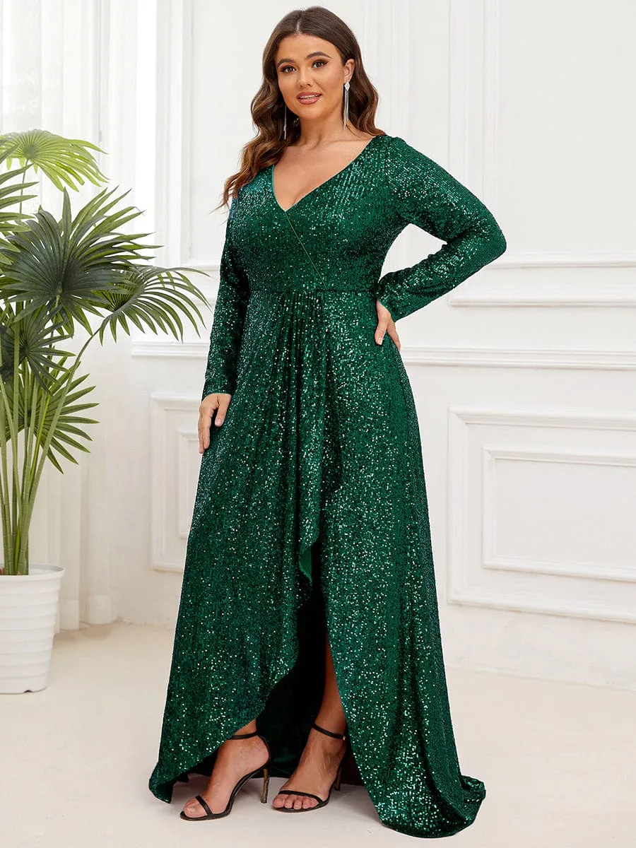 Felicity sequin full sleeve ball dress with split in Emerald Express NZ wide