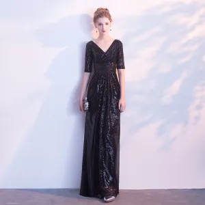 [Final Sale] Black V Cut Half Sleeves Sequined Evening Dress