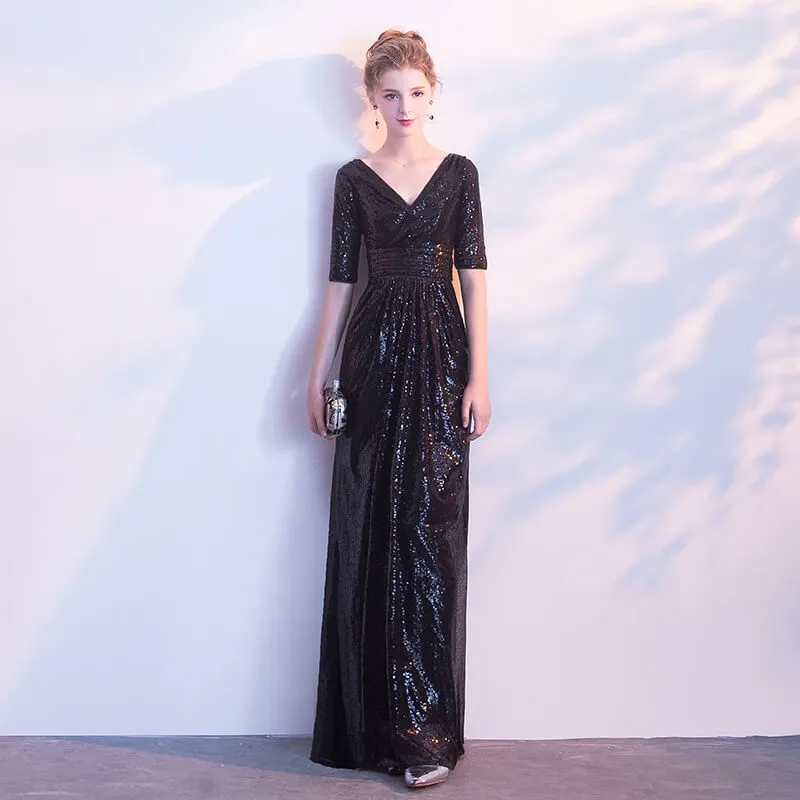 [Final Sale] Black V Cut Half Sleeves Sequined Evening Dress