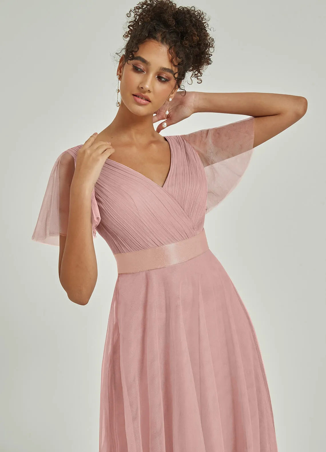 [Final Sale] Blush Tulle V-Neck Ruffle Sleeves Floor Length Bridesmaid Gown