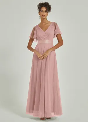 [Final Sale] Blush Tulle V-Neck Ruffle Sleeves Floor Length Bridesmaid Gown