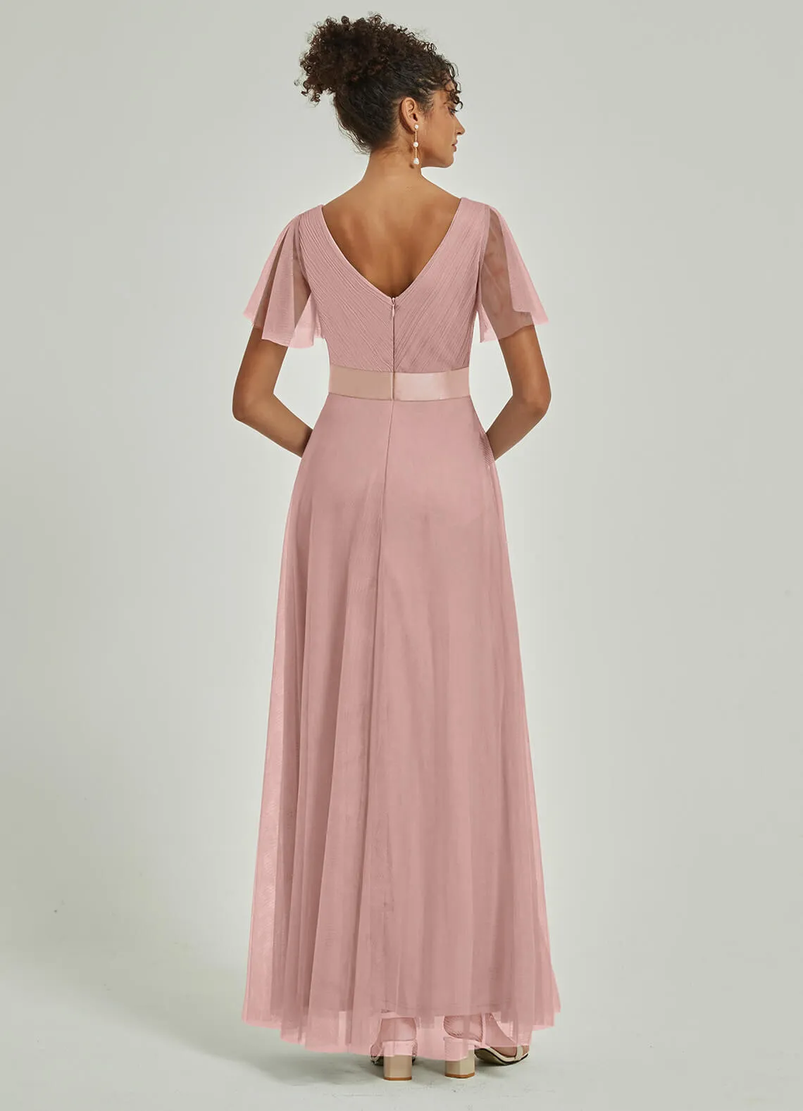 [Final Sale] Blush Tulle V-Neck Ruffle Sleeves Floor Length Bridesmaid Gown