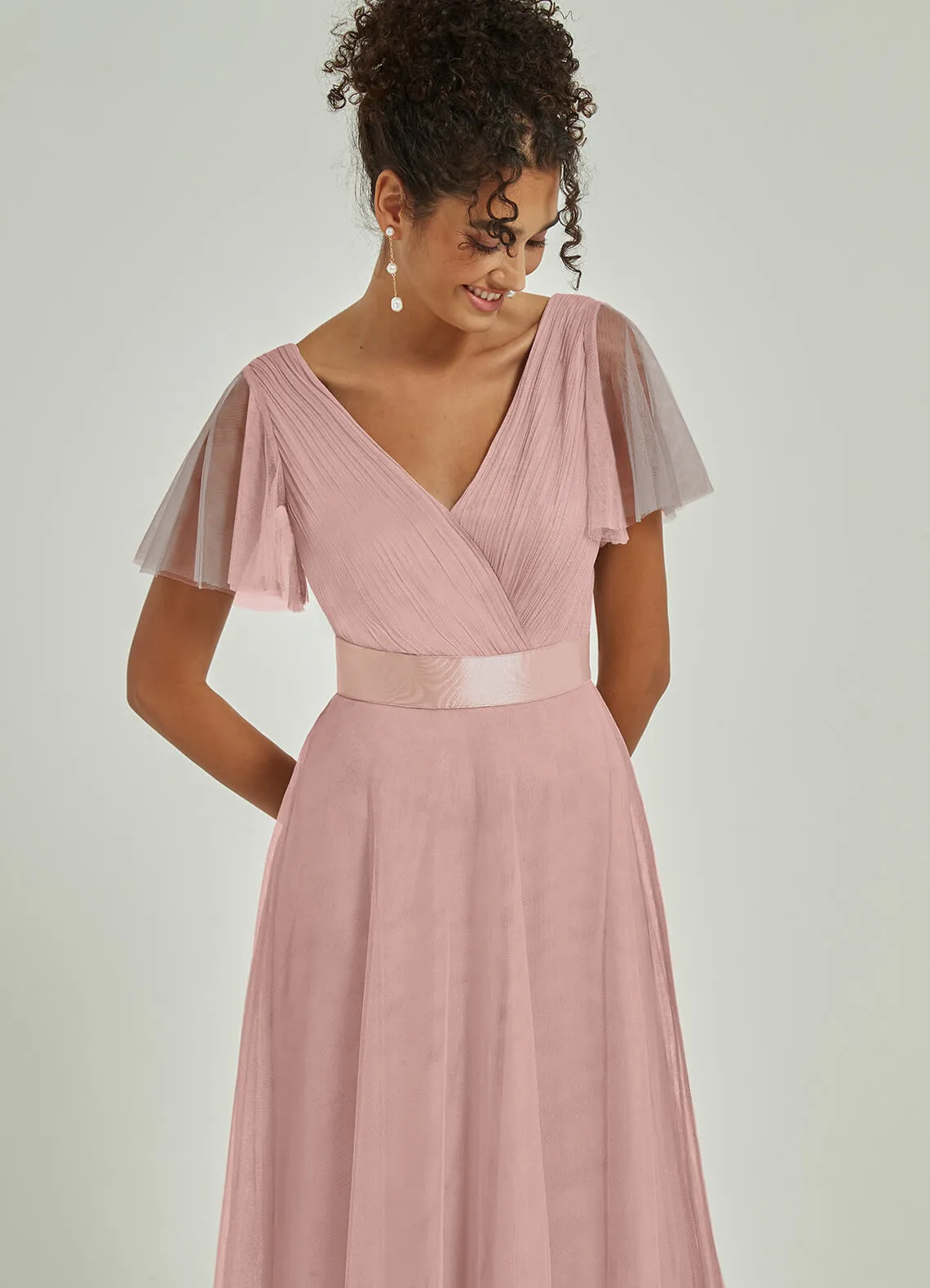 [Final Sale] Blush Tulle V-Neck Ruffle Sleeves Floor Length Bridesmaid Gown
