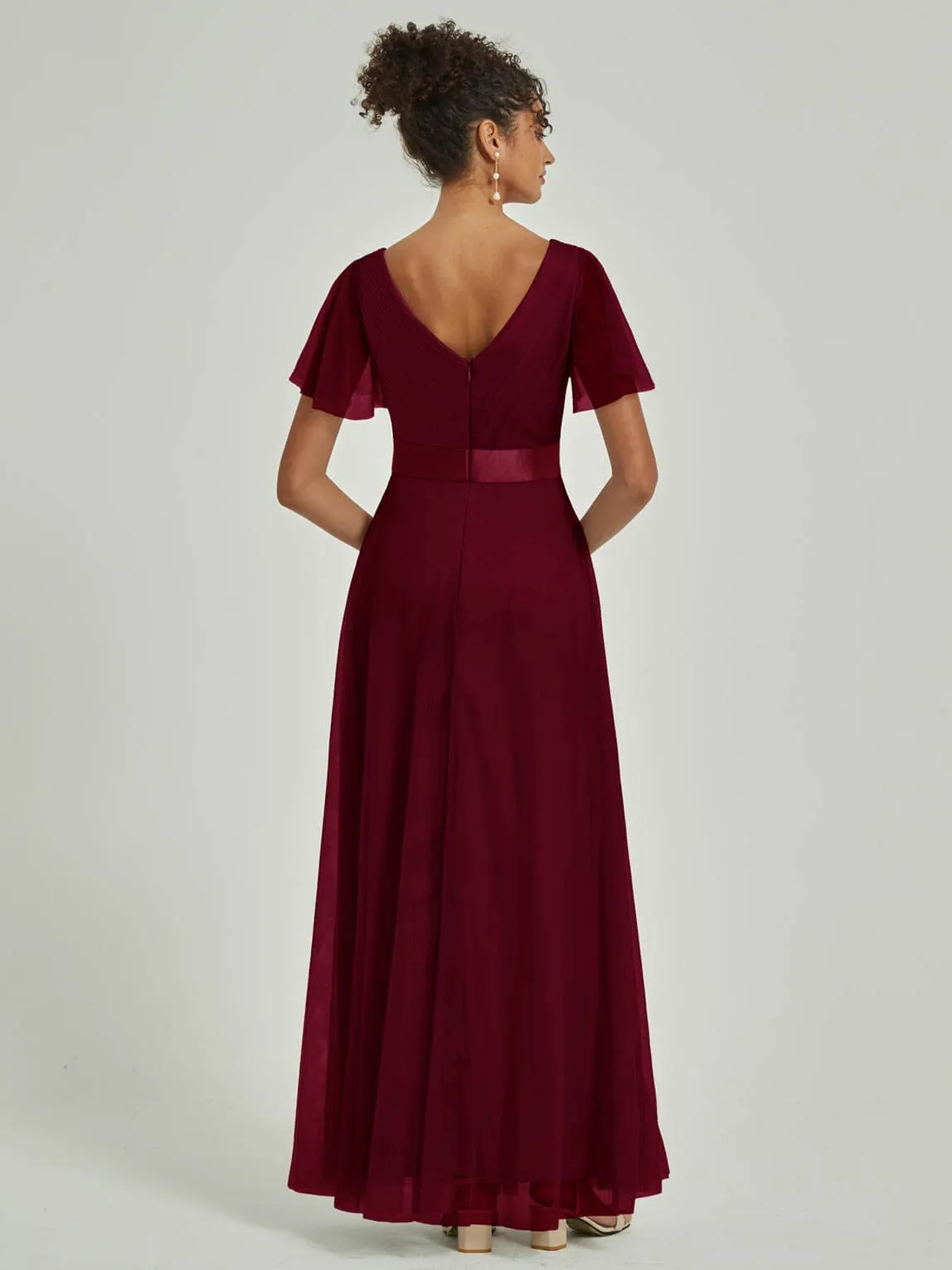 [Final Sale] Burgundy Tulle V-Neck Ruffle Sleeves Floor Length Bridesmaid Gown