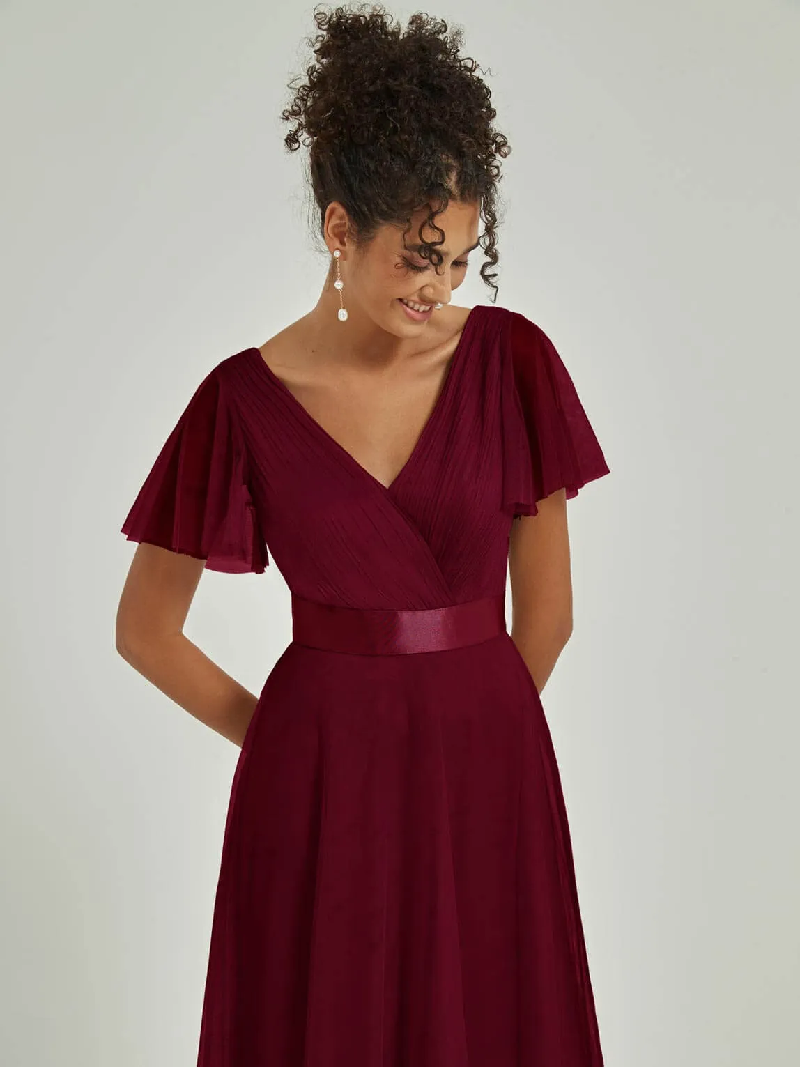 [Final Sale] Burgundy Tulle V-Neck Ruffle Sleeves Floor Length Bridesmaid Gown
