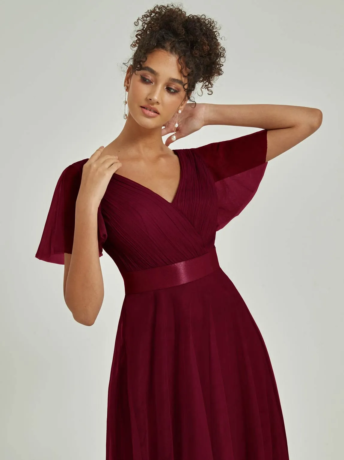 [Final Sale] Burgundy Tulle V-Neck Ruffle Sleeves Floor Length Bridesmaid Gown