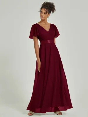 [Final Sale] Burgundy Tulle V-Neck Ruffle Sleeves Floor Length Bridesmaid Gown