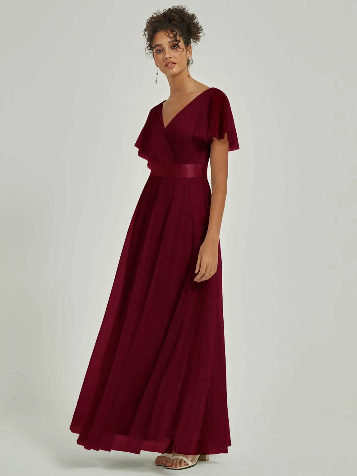 [Final Sale] Burgundy Tulle V-Neck Ruffle Sleeves Floor Length Bridesmaid Gown