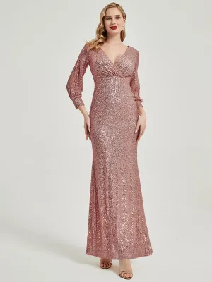 [Final Sale] Pink Gold Sequin V-Neck Long Sleeves Maxi Formal Mermaid Evening Dress