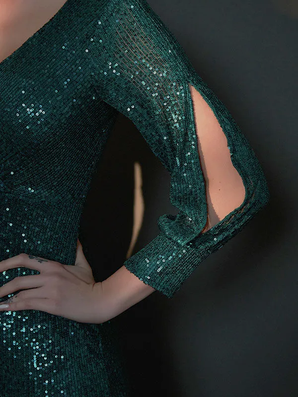 [Final Sale] Pink Gold Sequin V-Neck Long Sleeves Maxi Formal Mermaid Evening Dress
