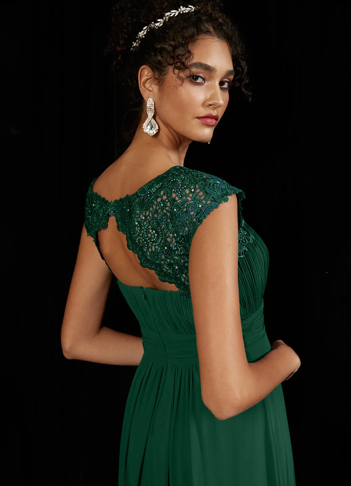 [Final Sale] US14 Emerald Green Lace Open Back Floor Length Silky Chiffon Formal Evening Mother Dress