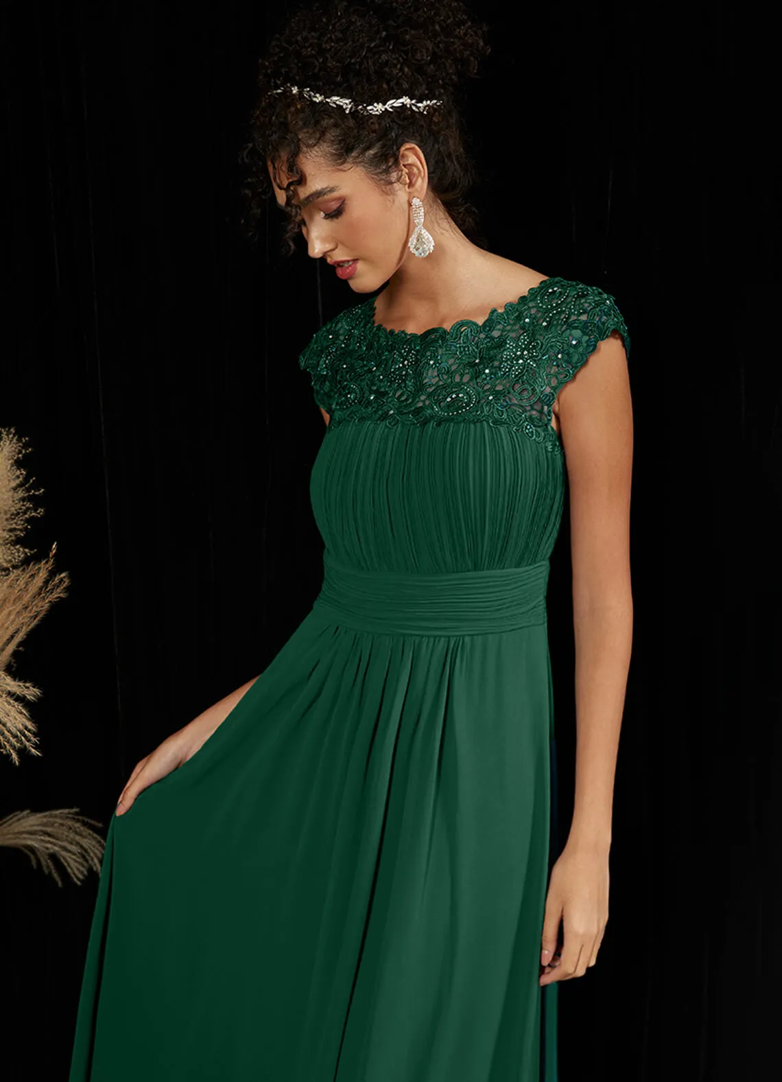 [Final Sale] US14 Emerald Green Lace Open Back Floor Length Silky Chiffon Formal Evening Mother Dress