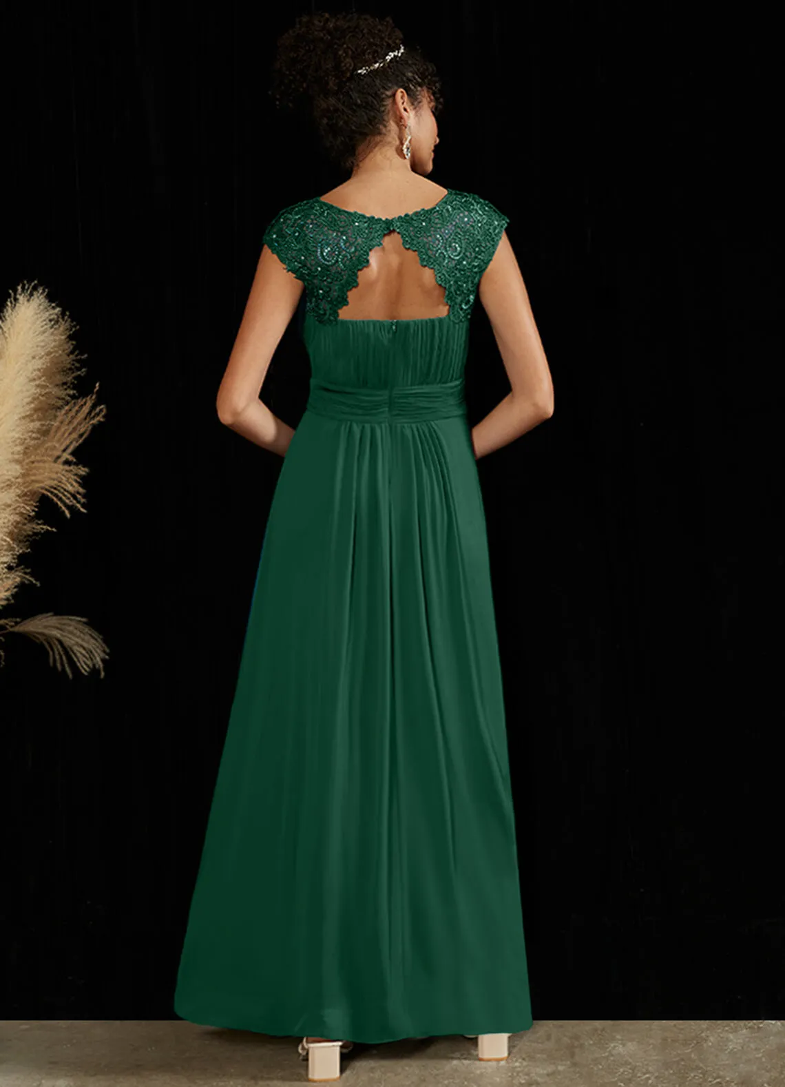 [Final Sale] US14 Emerald Green Lace Open Back Floor Length Silky Chiffon Formal Evening Mother Dress
