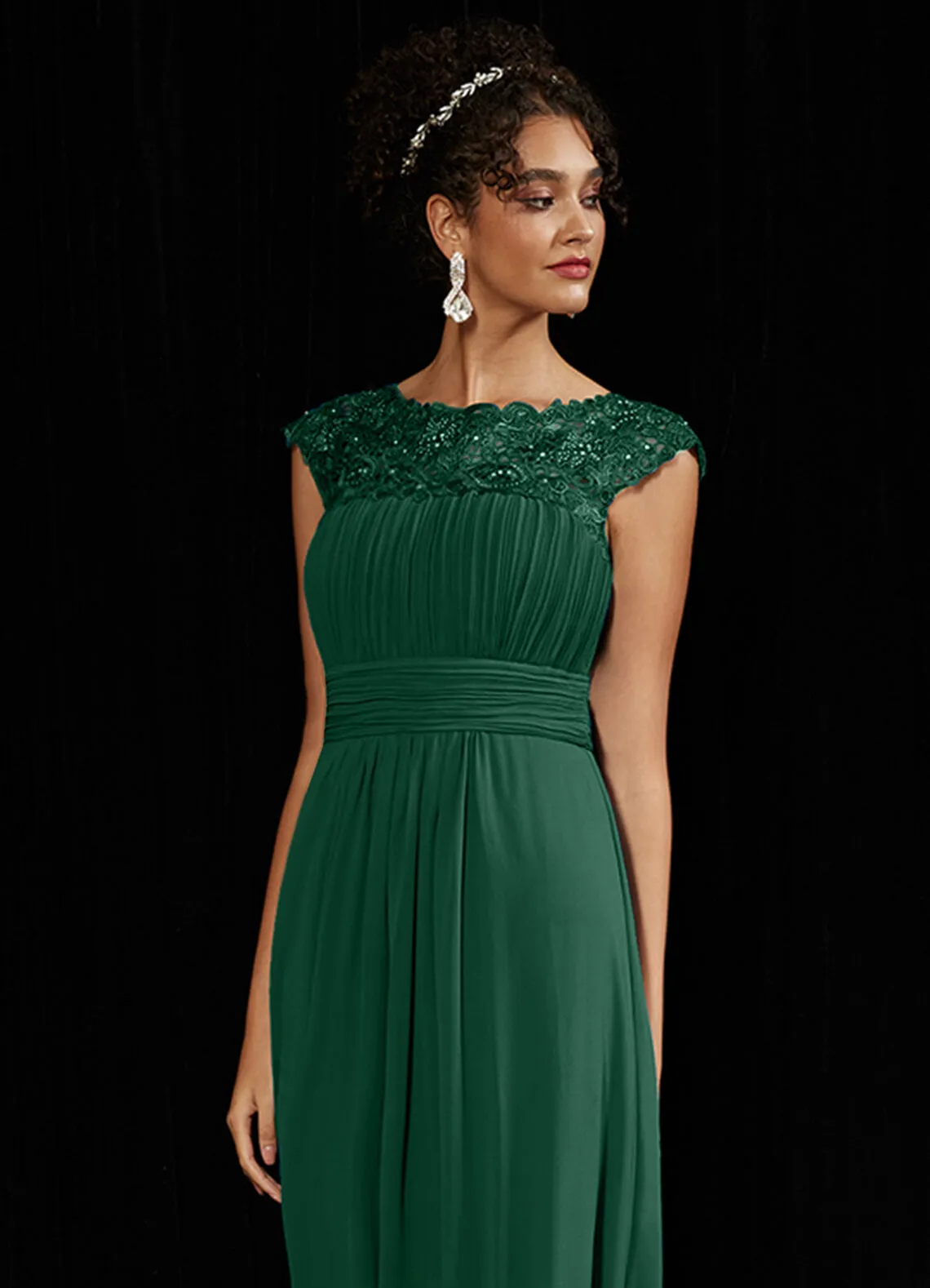 [Final Sale] US14 Emerald Green Lace Open Back Floor Length Silky Chiffon Formal Evening Mother Dress